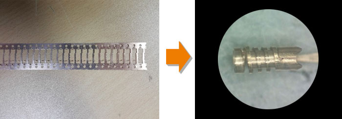 Fully assembled spring probe pin attached to reel